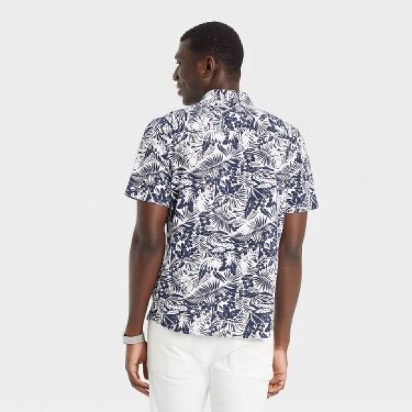 Men Floral Print Short Sleeve Button-Down Shirt Goodfellow & Co Dark Blue/Floral - Picture 2 of 4